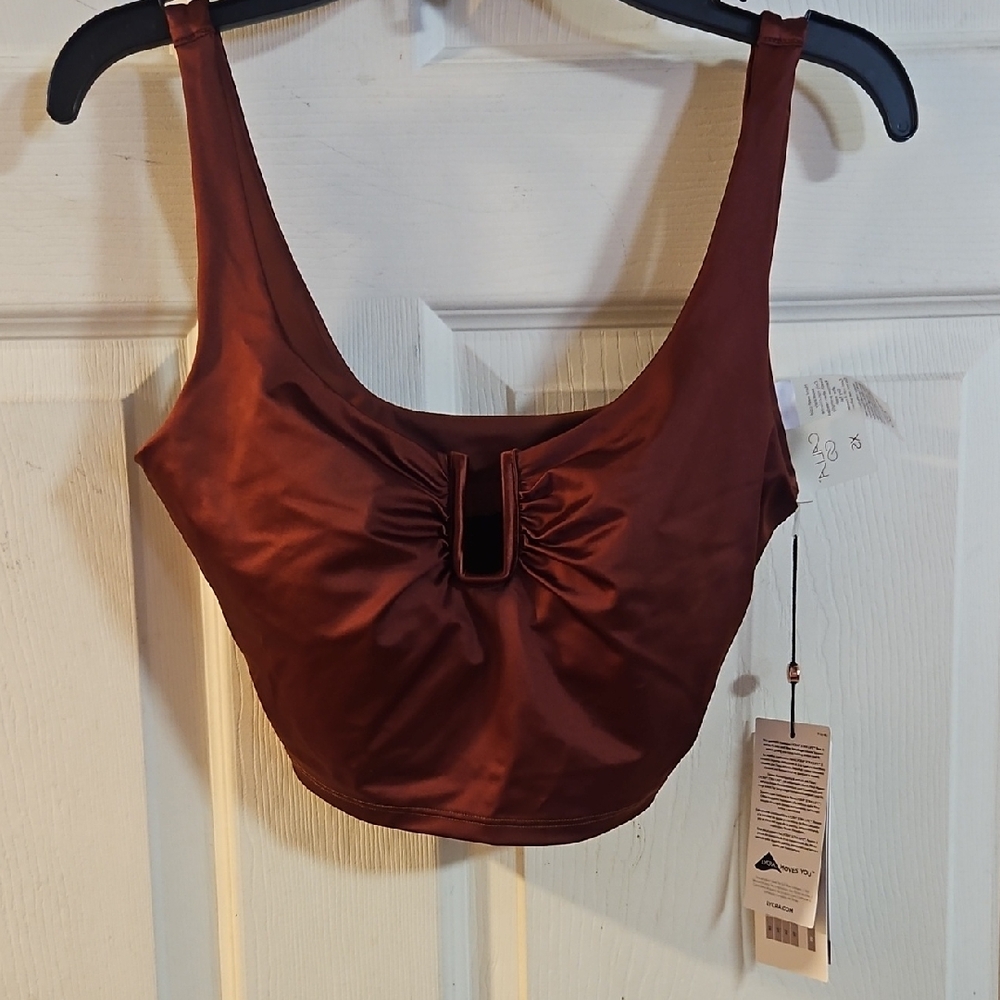 CALIA Women's U-Bar Long Line Bikini Swim Top:RED BROWN SHINE: NEW WITH TAGS: XS